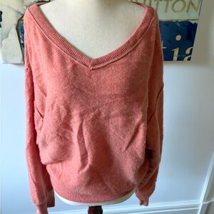 Free People V-Neck Sweater in Warm Coral
